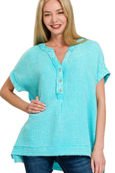 Zenana Washed Double Gauze 3/4 Button Henley Neck Shirt MINT SKY OutfitFlow